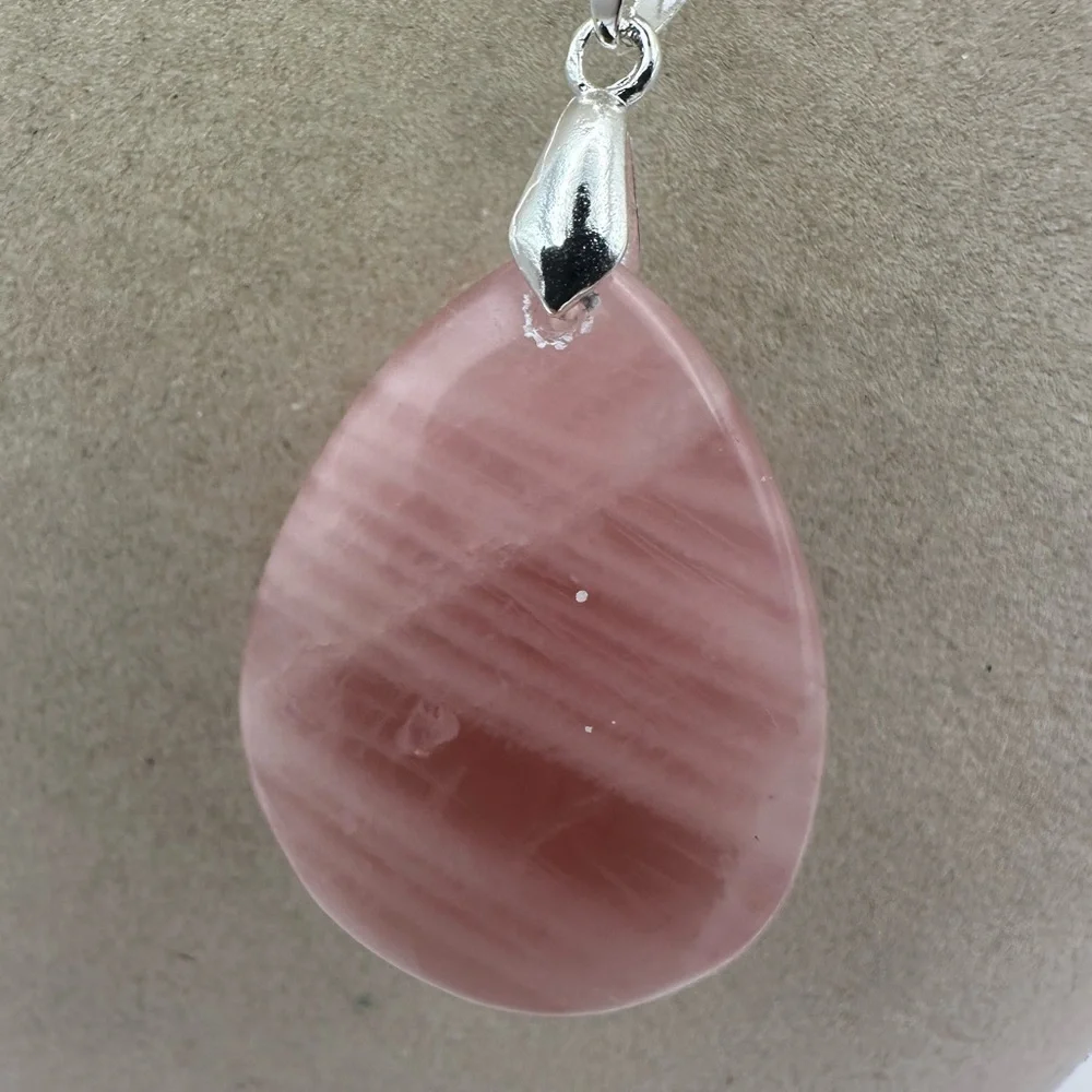 Madagascar Rose Quartz Teardrop Pendant Necklace on Silver Plated Box Chain